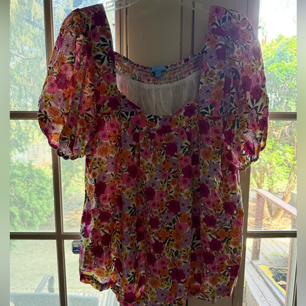 Draper James RSVP Floral Puff Sleeve Square Neck Top - Pink/Orange/White